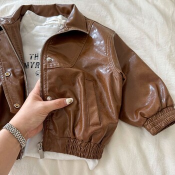 Ρετρό καφέ PU Boys Jacket 2024 Νέο Φθινοπωρινό φερμουάρ Casual Faux Leather Outerwear 2-7 Years Παιδικό παλτό