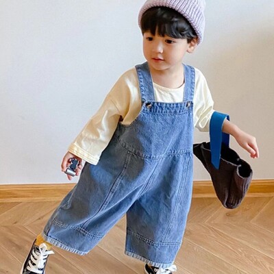 Salopetă din denim pentru copii, primăvară, toamnă 2024, pentru băieți și fete, de culoare uni, salopete de denim largi, toate se potrivesc, pantaloni cu salopete pentru copii