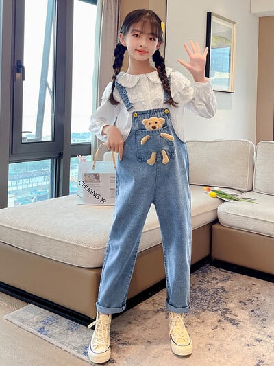 Adolescente fete salopete din denim toamnă imprimeu inimă fete pantaloni cu bretele ocazional adolescente pentru copii salopete salopete 6 8 10 12 14 Y