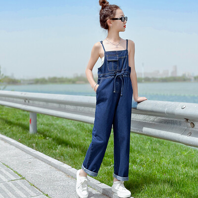 Novi djevojački kombinezon Modni jednobojni traper kombinezon za djecu Tinejdžerske pamučne naramenice Odjeća Široke dječje traper hlače