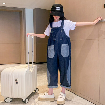 Novi djevojački kombinezon Modni jednobojni traper kombinezon za djecu Tinejdžerske pamučne naramenice Odjeća Široke dječje traper hlače