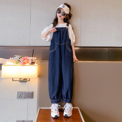 Novi djevojački kombinezon Modni jednobojni traper kombinezon za djecu Tinejdžerske pamučne naramenice Odjeća Široke dječje traper hlače