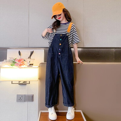 Novi djevojački kombinezon Modni jednobojni traper kombinezon za djecu Tinejdžerske pamučne naramenice Odjeća Široke dječje traper hlače