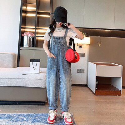 Novi djevojački kombinezon Modni jednobojni traper kombinezon za djecu Tinejdžerske pamučne naramenice Odjeća Široke dječje traper hlače