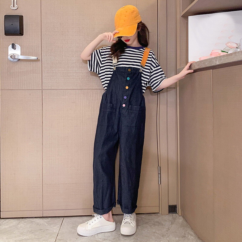 Novi djevojački kombinezon Modni jednobojni traper kombinezon za djecu Tinejdžerske pamučne naramenice Odjeća Široke dječje traper hlače