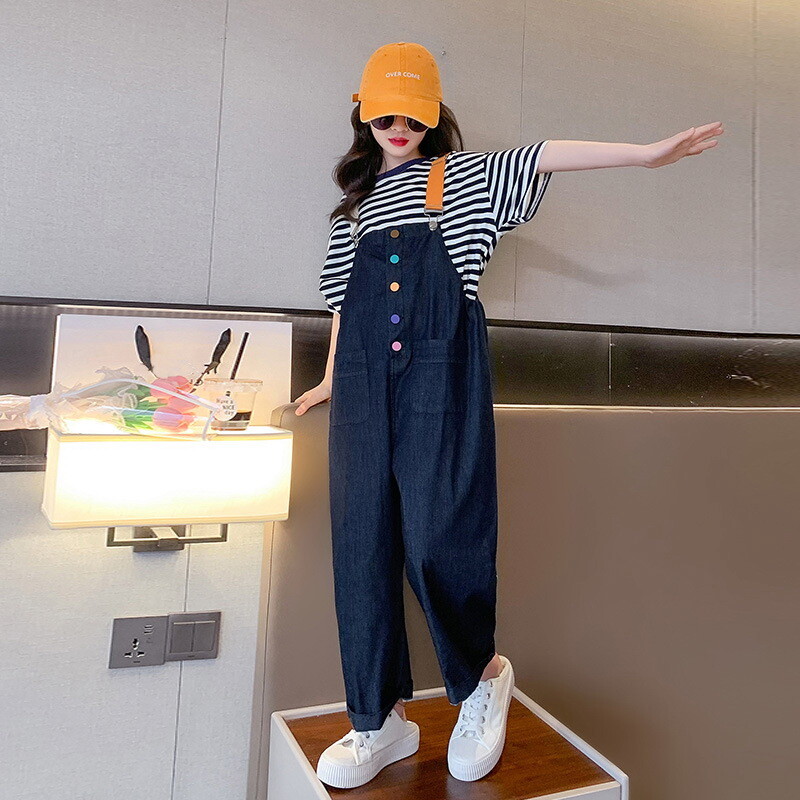 Novi djevojački kombinezon Modni jednobojni traper kombinezon za djecu Tinejdžerske pamučne naramenice Odjeća Široke dječje traper hlače