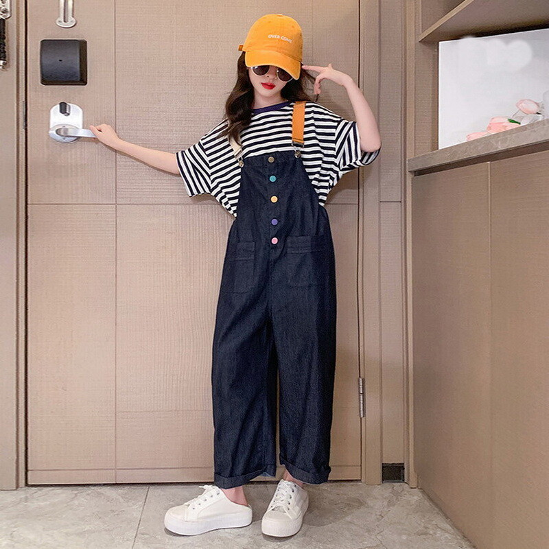 Novi djevojački kombinezon Modni jednobojni traper kombinezon za djecu Tinejdžerske pamučne naramenice Odjeća Široke dječje traper hlače