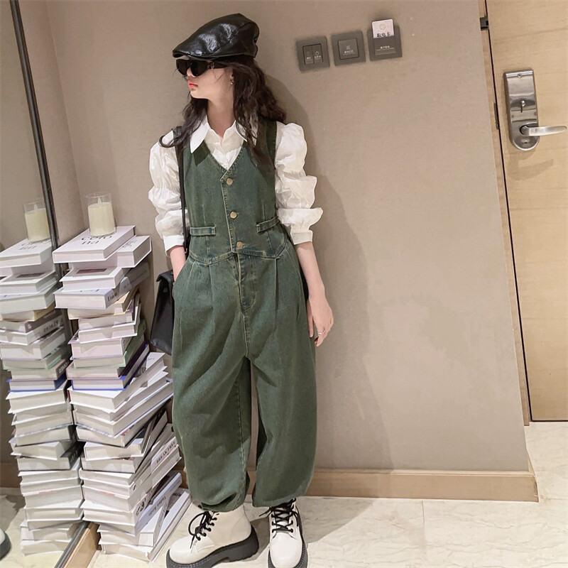 Prantsuse Lastele Tüdrukutele Teksaülikond Teksaülikond+Valge puuvillane Pluussärk Puff Sleeve 2tk teismeliste laste Tüdrukute riiete komplekt komplekt