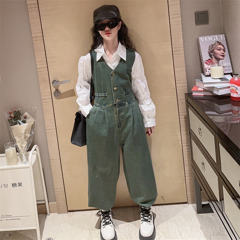 Prantsuse Lastele Tüdrukutele Teksaülikond Teksaülikond+Valge puuvillane Pluussärk Puff Sleeve 2tk teismeliste laste Tüdrukute riiete komplekt komplekt