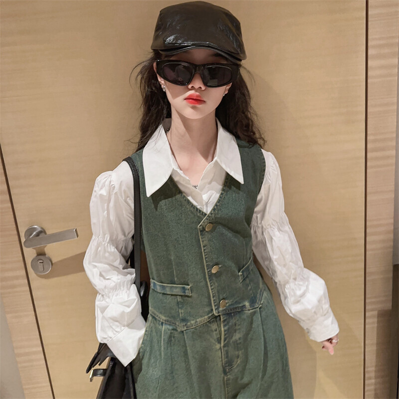 Prantsuse Lastele Tüdrukutele Teksaülikond Teksaülikond+Valge puuvillane Pluussärk Puff Sleeve 2tk teismeliste laste Tüdrukute riiete komplekt komplekt