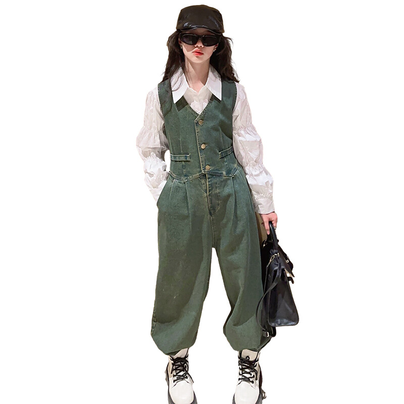 Prantsuse Lastele Tüdrukutele Teksaülikond Teksaülikond+Valge puuvillane Pluussärk Puff Sleeve 2tk teismeliste laste Tüdrukute riiete komplekt komplekt