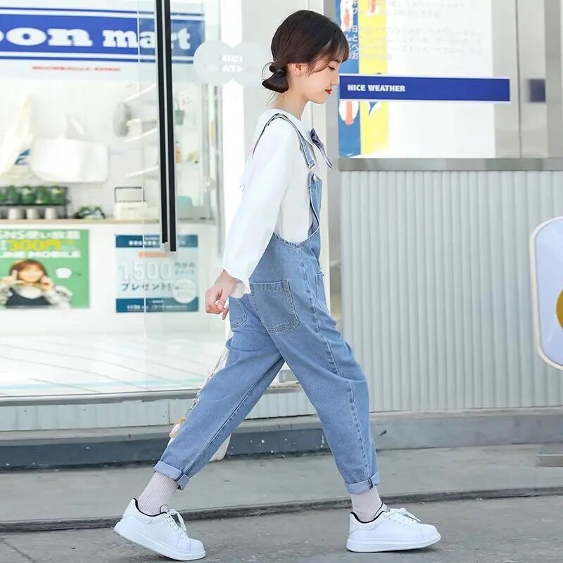 Tüdrukute vabaaja teksariidest kombinesoonid Keskmised suured Laste kevad-sügis Korea kombinesoonid Laste mood välismaise maitsega teksad