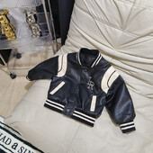 Baby Boy Letter Letter Δερμάτινο παλτό ρίγες γιακά 2023 Spring faux leather Moto Jackets για Παιδιά Κοριτσίστικα Ρούχα ποδηλασίας XMP656