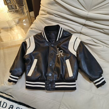 Baby Boy Letter Letter Δερμάτινο παλτό ρίγες γιακά 2023 Spring faux leather Moto Jackets για Παιδιά Κοριτσίστικα Ρούχα ποδηλασίας XMP656