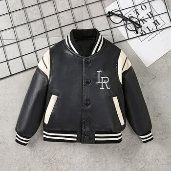 Baby Boy Letter Letter Δερμάτινο παλτό ρίγες γιακά 2023 Spring faux leather Moto Jackets για Παιδιά Κοριτσίστικα Ρούχα ποδηλασίας XMP656