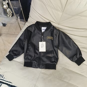 Baby Boy Letter Letter Δερμάτινο παλτό ρίγες γιακά 2023 Spring faux leather Moto Jackets για Παιδιά Κοριτσίστικα Ρούχα ποδηλασίας XMP656