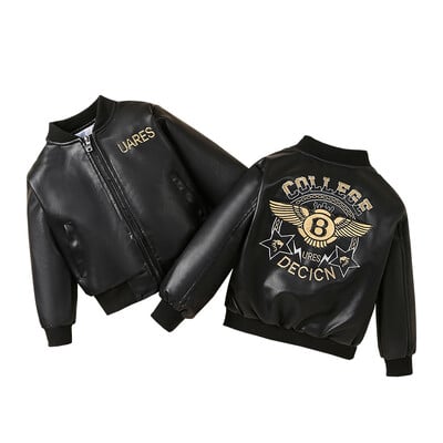 Baby Boy Letter Letter Δερμάτινο παλτό ρίγες γιακά 2023 Spring faux leather Moto Jackets για Παιδιά Κοριτσίστικα Ρούχα ποδηλασίας XMP656