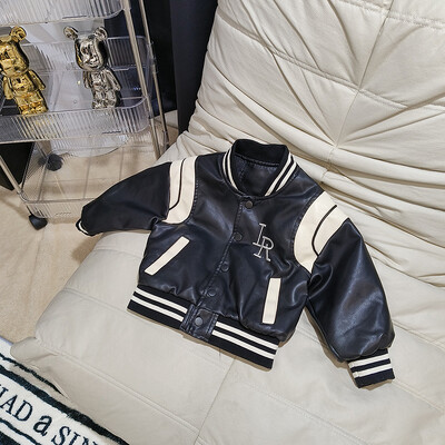 Baby Boy Letter Letter Δερμάτινο παλτό ρίγες γιακά 2023 Spring faux leather Moto Jackets για Παιδιά Κοριτσίστικα Ρούχα ποδηλασίας XMP656