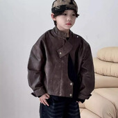 Jachete pentru copii, toamna 2024, colecție nouă, băieți, coreeană, haine pentru copii, vintage, maro, jachetă scurtă din piele pentru motocicletă