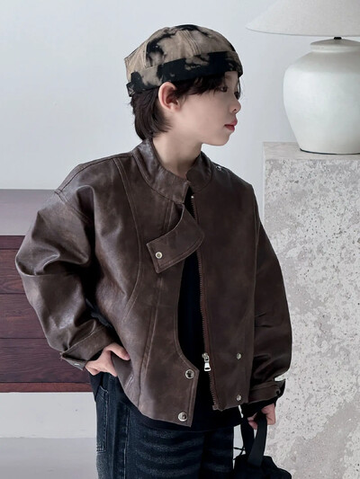 Jachete pentru copii, toamna 2024, colecție nouă, băieți, coreeană, haine pentru copii, vintage, maro, jachetă scurtă din piele pentru motocicletă