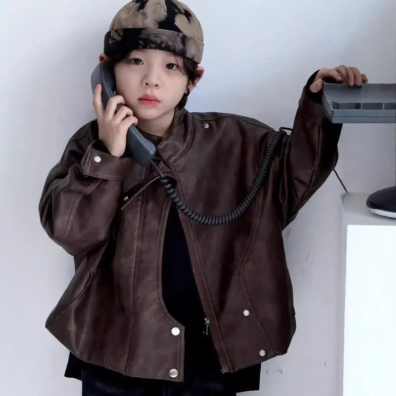Jachete pentru copii, toamna 2024, colecție nouă, băieți, coreeană, haine pentru copii, vintage, maro, jachetă scurtă din piele pentru motocicletă