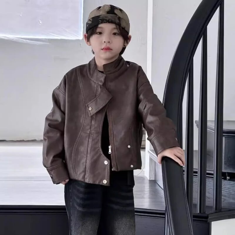Jachete pentru copii, toamna 2024, colecție nouă, băieți, coreeană, haine pentru copii, vintage, maro, jachetă scurtă din piele pentru motocicletă
