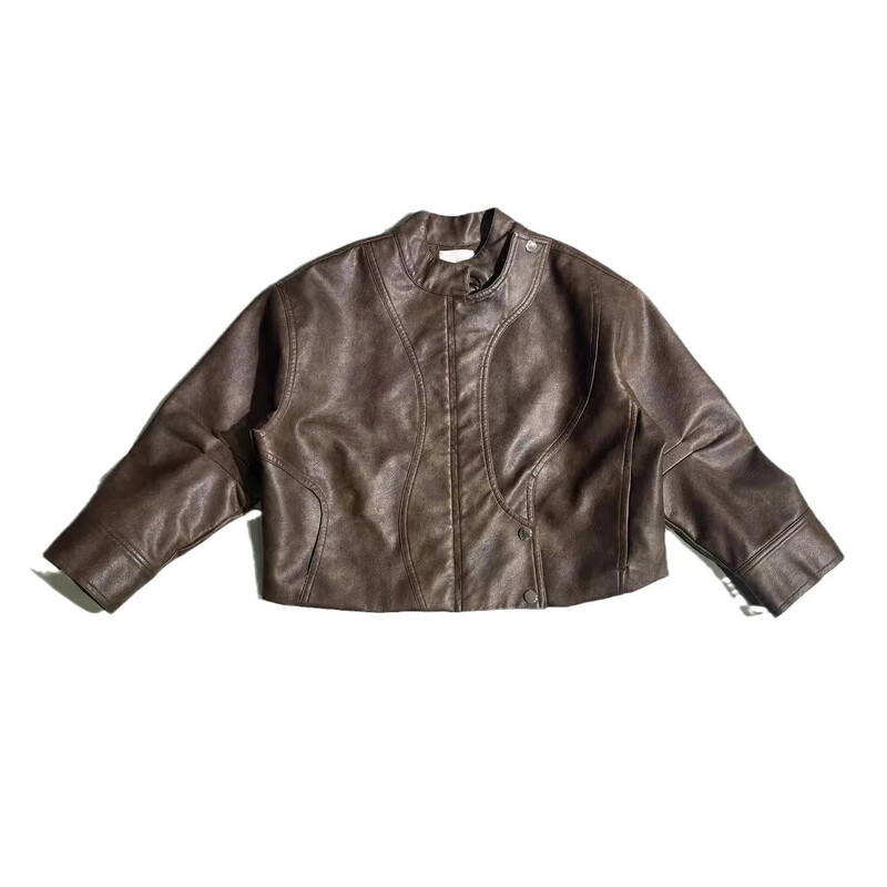 Jachete pentru copii, toamna 2024, colecție nouă, băieți, coreeană, haine pentru copii, vintage, maro, jachetă scurtă din piele pentru motocicletă