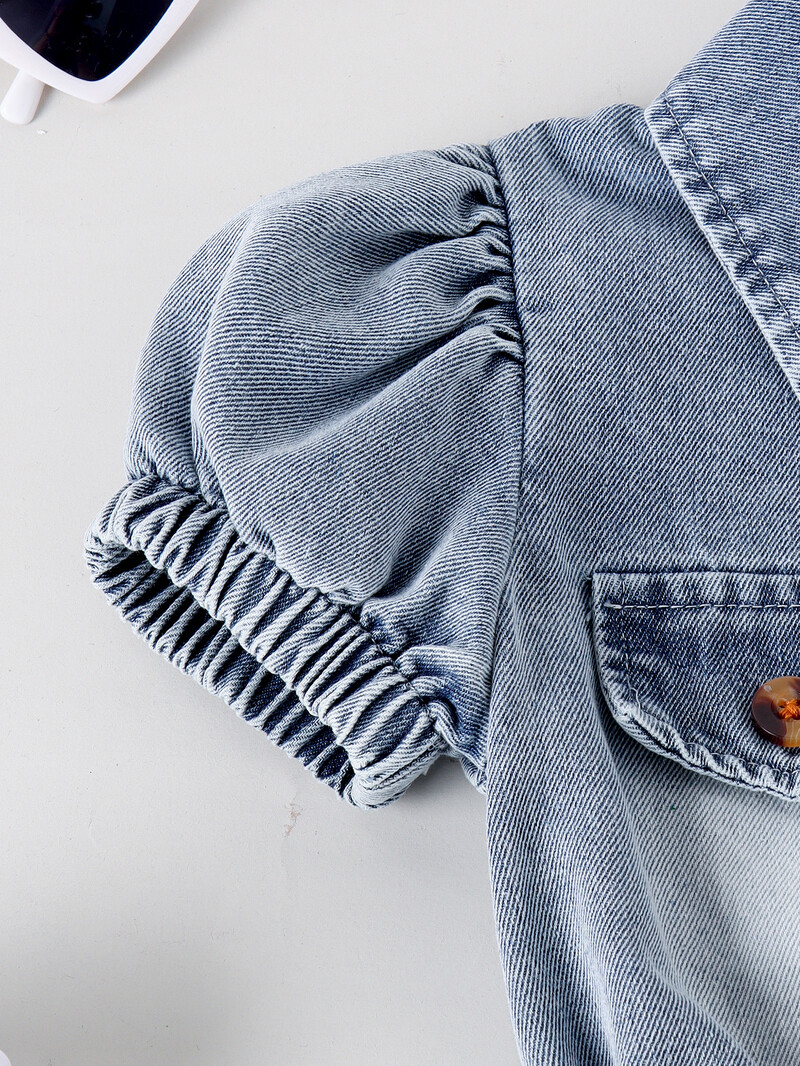 2 bucăți de vară stil nou pentru fete și bebeluși de 4-7 ani, la modă și personalizați, pantaloni dintr-o singură bucată din denim cu mânecă scurtă