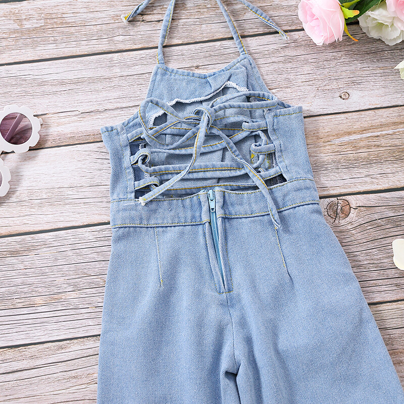 Ljetni i jesenski kombinezon za djevojčice s izdubljenom traper vestom