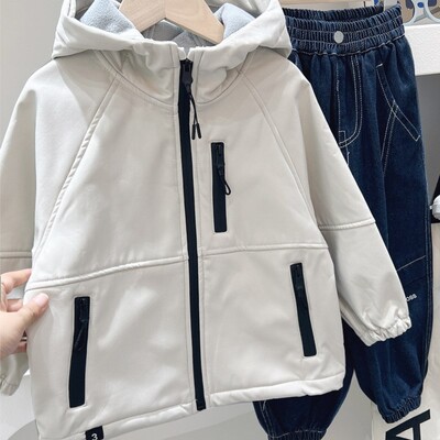 Jesen zima 2024., studenti, dječaci, integrirani baršunasti kaputi s patentnim zatvaračem, podebljana gornja odjeća za dječake, zakrpane dječje jakne za dječake