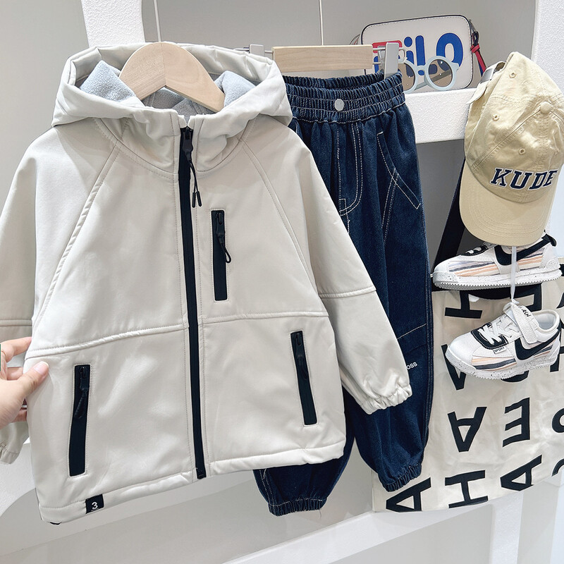 Jesen zima 2024., studenti, dječaci, integrirani baršunasti kaputi s patentnim zatvaračem, podebljana gornja odjeća za dječake, zakrpane dječje jakne za dječake