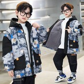 Punji kaput za dječake Jakna Pamučna gornja odjeća Vjetrobran 2023 Deblja baršunasta zimska topla dječja odjeća s kapuljačom -10 stupnjeva ispod Ze