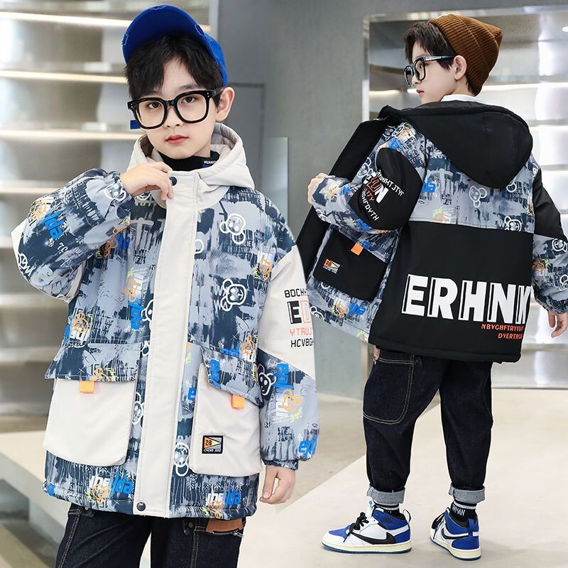 Punji kaput za dječake Jakna Pamučna gornja odjeća Vjetrobran 2023 Deblja baršunasta zimska topla dječja odjeća s kapuljačom -10 stupnjeva ispod Ze