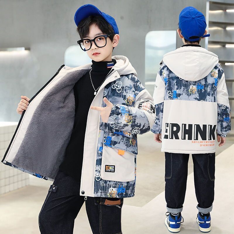Punji kaput za dječake Jakna Pamučna gornja odjeća Vjetrobran 2023 Deblja baršunasta zimska topla dječja odjeća s kapuljačom -10 stupnjeva ispod Ze