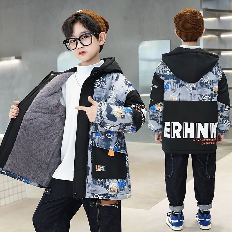 Punji kaput za dječake Jakna Pamučna gornja odjeća Vjetrobran 2023 Deblja baršunasta zimska topla dječja odjeća s kapuljačom -10 stupnjeva ispod Ze
