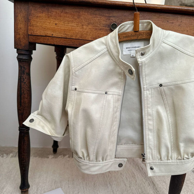 Nova gornja odjeća za proljeće i jesen Svestrana jednobojna kožna jakna za dječake i djevojčice Kratka kožna jakna otporna na vjetar