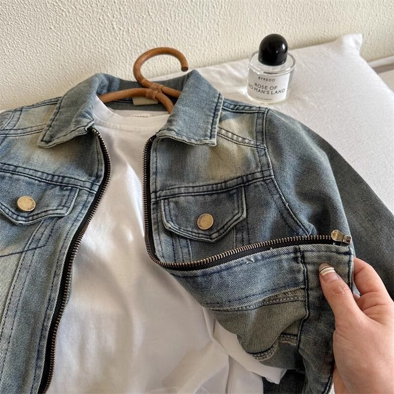 Dječja jakna za dječake Proljeće i jesen Novi dječji ležerni jeans kaput koji se pere vodom s kaputom s patentnim zatvaračem