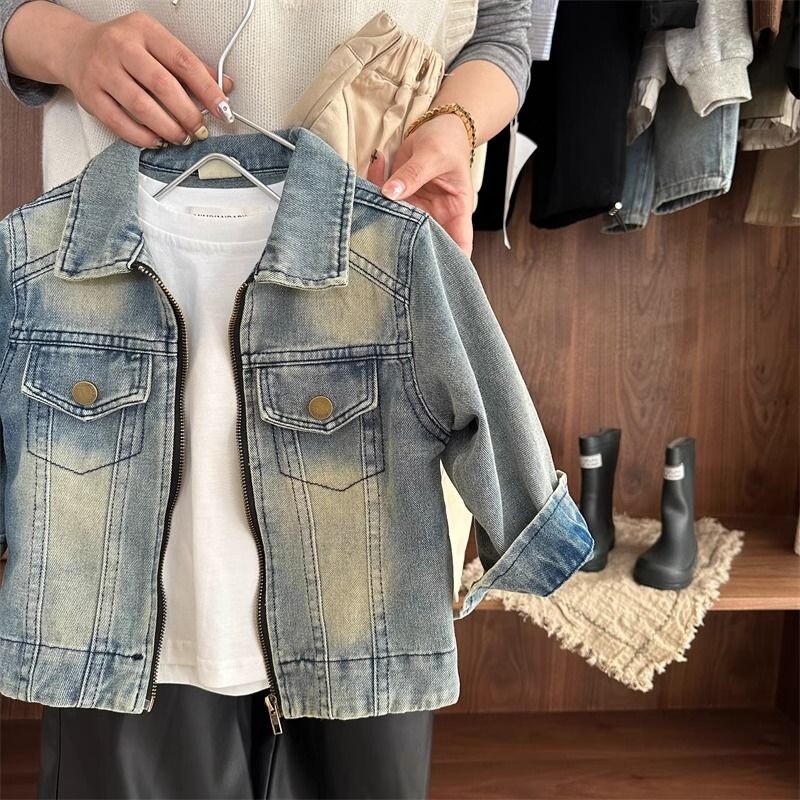 Dječja jakna za dječake Proljeće i jesen Novi dječji ležerni jeans kaput koji se pere vodom s kaputom s patentnim zatvaračem