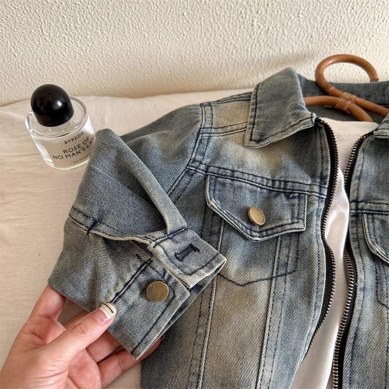 Dječja jakna za dječake Proljeće i jesen Novi dječji ležerni jeans kaput koji se pere vodom s kaputom s patentnim zatvaračem