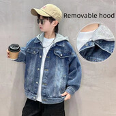 Proljetno-jesenska traper jakna za dječake i djevojčice, nova korejska verzija 2024., modni patchwork kaubojski kaput s kapuljačom, ležerna dječja odjeća