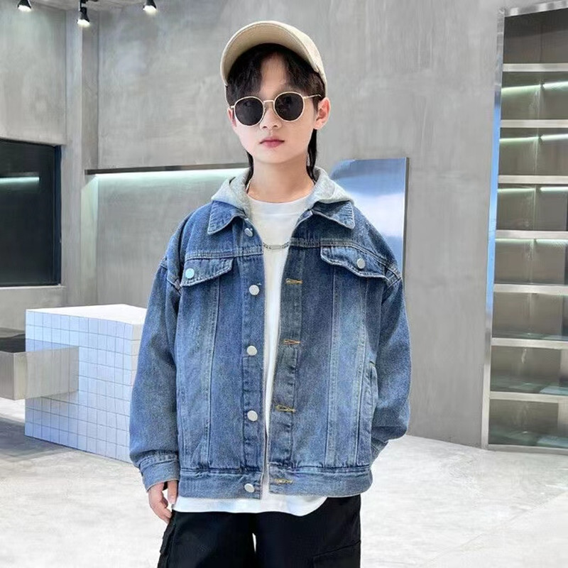 Proljetno-jesenska traper jakna za dječake i djevojčice, nova korejska verzija 2024., modni patchwork kaubojski kaput s kapuljačom, ležerna dječja odjeća