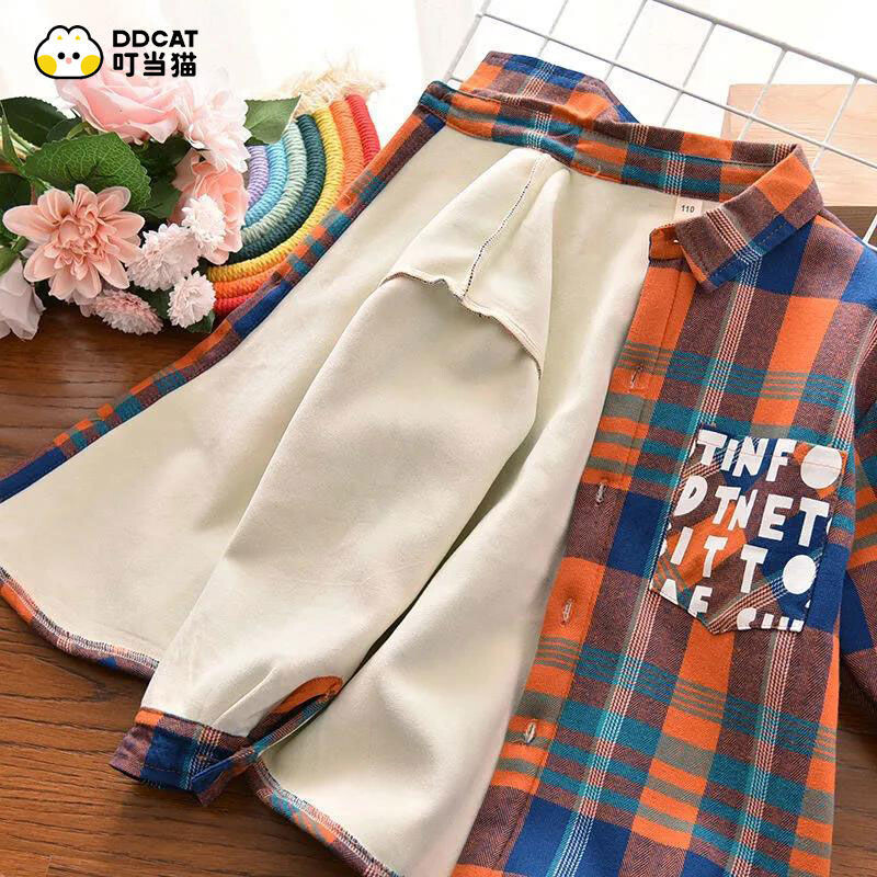 Košulja za dječake, jesen i zima, pamučni zgodni kaput, srednja dječja karirana majica dugih rukava, plišana majica za proljeće i jesen