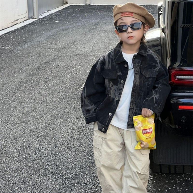 Dječački kaput Jakna Pamučna gornja odjeća Kaput 2023 Black Jean Proljeće Jesen Dječja topla odjeća otporna na vjetar