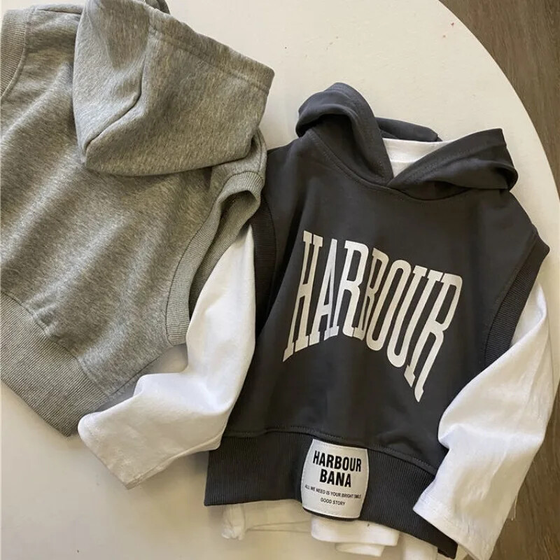 100-150 cm tinejdžeri, dječaci, jesen 2023., novi dječji moderan džemper sa slovima + prsluk s kapuljačom, dvodijelni dječji proljetno-jesenski komplet džempera