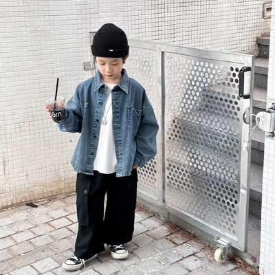 Dječja odjeća, modni traper kaput za sve vrste, proljeće i jesen 2024. Novi korejski stil za dječake, jednobojni kaput od jednostavnog trapera