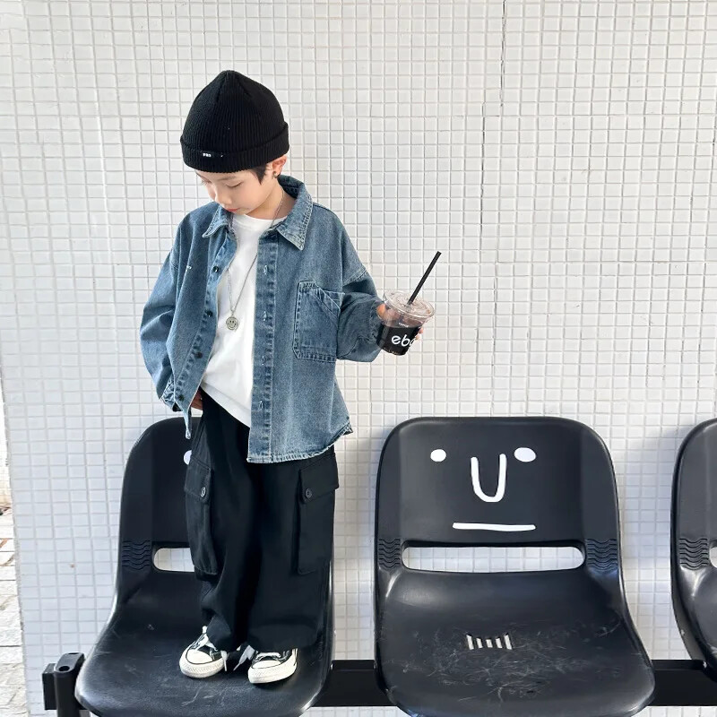 Dječja odjeća, modni traper kaput za sve vrste, proljeće i jesen 2024. Novi korejski stil za dječake, jednobojni kaput od jednostavnog trapera