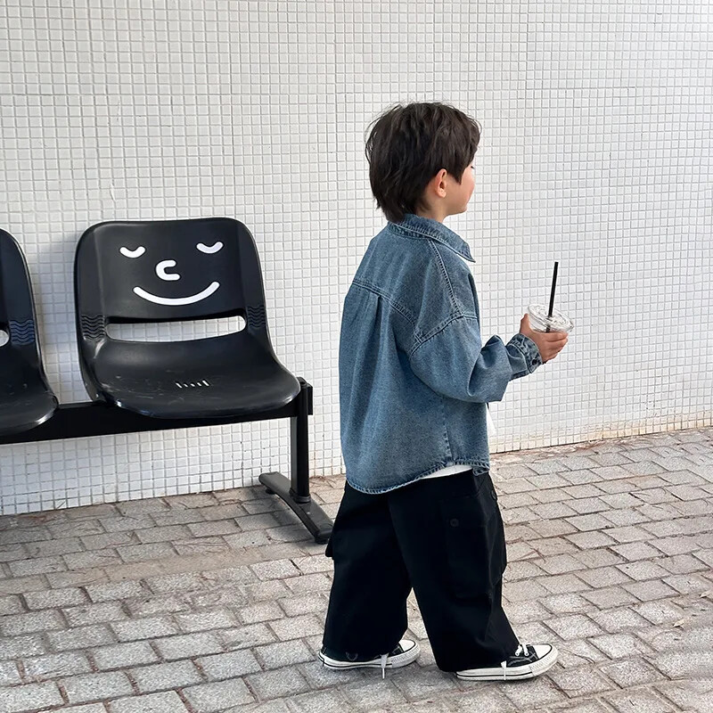 Dječja odjeća, modni traper kaput za sve vrste, proljeće i jesen 2024. Novi korejski stil za dječake, jednobojni kaput od jednostavnog trapera