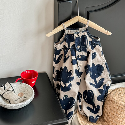 Καλοκαίρι 2024 Νέα κοριτσίστικα αμάνικη ολόσωμη φόρμα με στάμπα λουλουδιών Παιδικές καθημερινές φόρμες Παιδικές φαρδύ παντελόνι Μικρό παντελόνι με φαρδύ πόδι