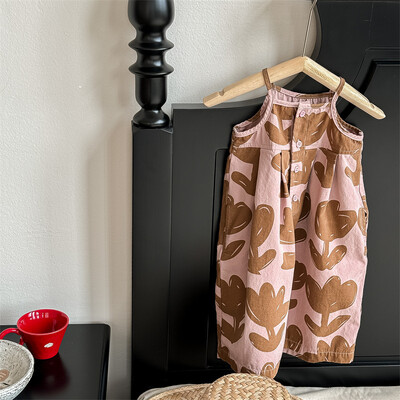 Καλοκαίρι 2024 Νέα κοριτσίστικα αμάνικη ολόσωμη φόρμα με στάμπα λουλουδιών Παιδικές καθημερινές φόρμες Παιδικές φαρδύ παντελόνι Μικρό παντελόνι με φαρδύ πόδι