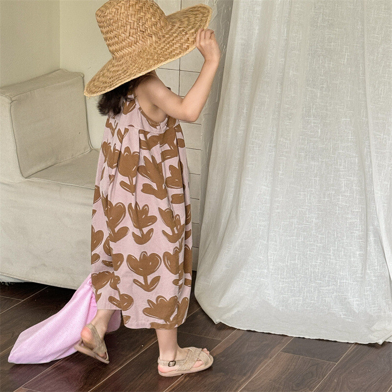 Καλοκαίρι 2024 Νέα κοριτσίστικα αμάνικη ολόσωμη φόρμα με στάμπα λουλουδιών Παιδικές καθημερινές φόρμες Παιδικές φαρδύ παντελόνι Μικρό παντελόνι με φαρδύ πόδι